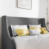 King Size Upholstered Linen Blend Headboard Wingback Platform Bed in Grey