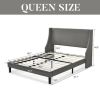 Queen Size Grey Linen Blend Upholstered Platform Bed with Wingback Headboard