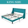 King Size Upholstered Linen Blend Headboard Wingback Platform Bed in Turquoise