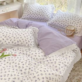 Washed Cotton Small Floral Quilt Cover, Four Piece Bed Sheet Set (Option: Little Beautiful Purple-1.5m flat sheet 4pcs set)