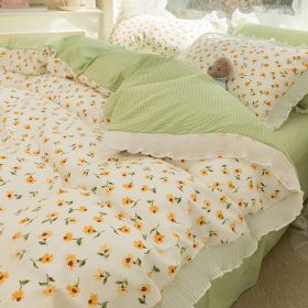 Washed Cotton Small Floral Quilt Cover, Four Piece Bed Sheet Set (Option: Xiaomei Is So Green-1.5m flat sheet 4pcs set)