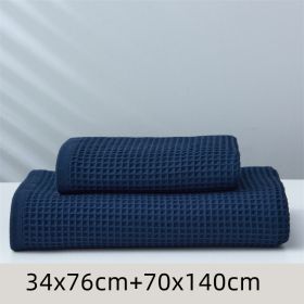 Pure Cotton Japanese-style Absorbent Household Honeycomb Pattern Towel (Option: Navy Blue-Set)