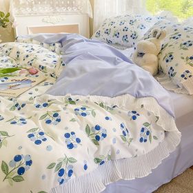 Washed Cotton Small Floral Quilt Cover, Four Piece Bed Sheet Set (Option: Blueberry-1.5m flat sheet 4pcs set)