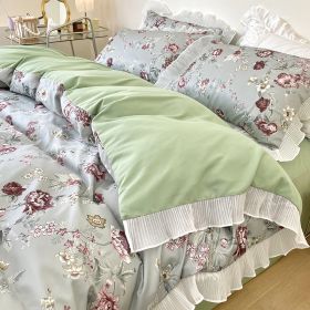 Washed Cotton Small Floral Quilt Cover, Four Piece Bed Sheet Set (Option: Hibiscus-1.5m flat sheet 4pcs set)